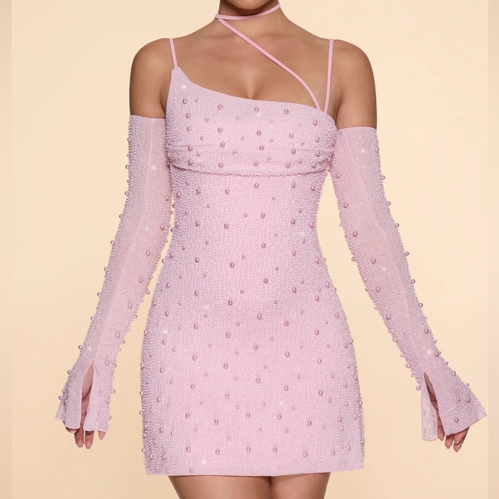 Embellished asymmetric mini dress